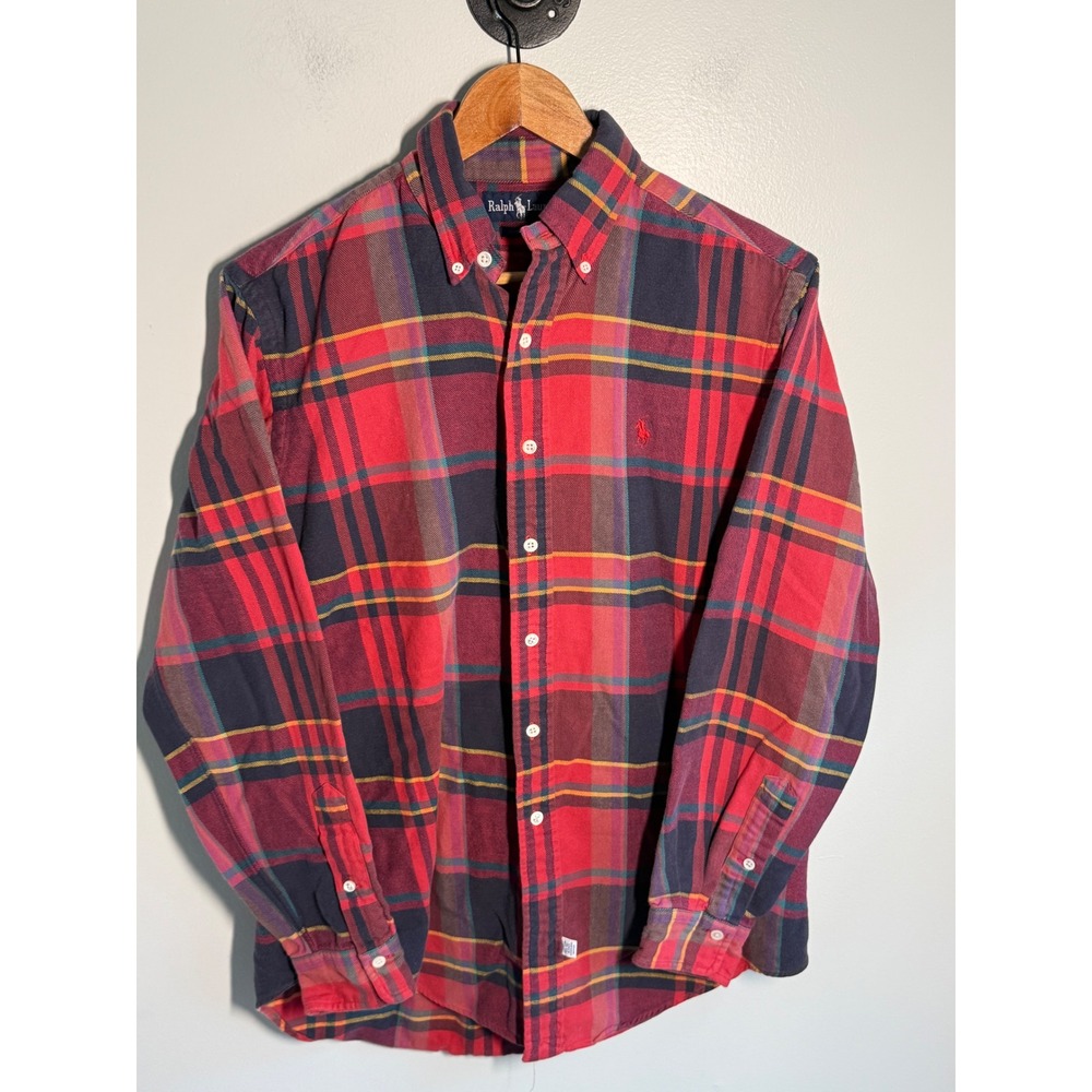 Vintage Ralph Lauren Plaid Flannel Shirt Mens Medium Red Navy Blue Button Down